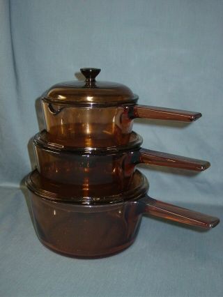 Corning Ware Visions Amber Cookware 6 Piece Set Saucepans 1/ 1.  5 / 2.  5 L Vintage