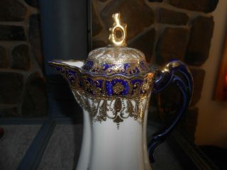 Hand Painted NIPPON Chocolate Pot Gold Cobalt Blue Jeweled Cup Saucer 2 5