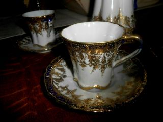 Hand Painted NIPPON Chocolate Pot Gold Cobalt Blue Jeweled Cup Saucer 2 6