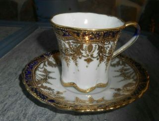 Hand Painted NIPPON Chocolate Pot Gold Cobalt Blue Jeweled Cup Saucer 2 8