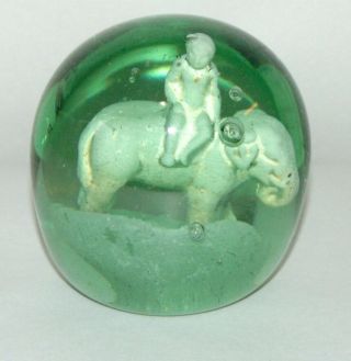 Rare Antique Paperweight Dump Glass Green Boy Riding An Elephant Sulphide