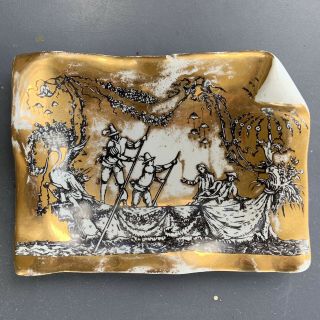 Vintage PIERO FORNASETTI Milano Italy porcelain Crumpled Gold Paper Tray PAIR 2 3