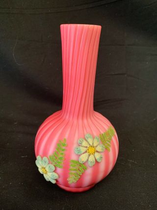 Fenton Pink Striped Vase With Blue Flowers