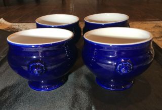 4 Emile Henry Footed Lions Head Soup Bowl Cobalt Navy Blue Ramekin Le Potier Set