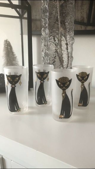 Vintage 1950’s Set Of 4 Black Cat Frosted Drinking Glasses Mid Century