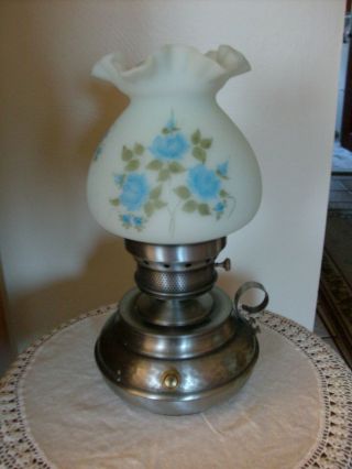Vintage Fenton Lamp W/hand Painted Blue Roses Satin Glass Shade 7 3/4 " Tall