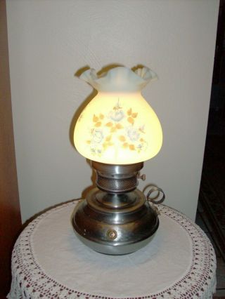 VINTAGE FENTON LAMP W/HAND PAINTED BLUE ROSES SATIN GLASS SHADE 7 3/4 