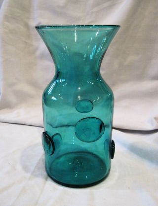 Blenko / Wayne Husted Sea Green 595 Hand Blown Art Glass Dot/ Blob Vase Signed