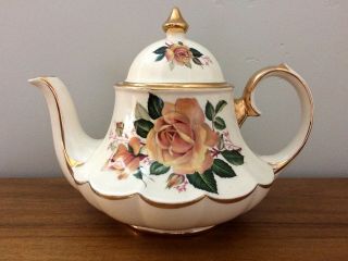 Antique Sadler England Carousel Shape Teapot With Roses And Gold Trim,  1940s