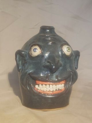 Unique Stacy Lambert Pottery Seagrove Nc Ugly Face Folk Art Bug Eyes Blue Jug