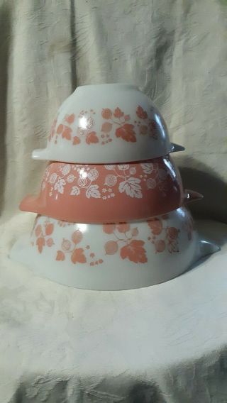 3 Vintage Pyrex Pink Gooseberry Cinderella Mixing Bowls 441,  442,  & 443