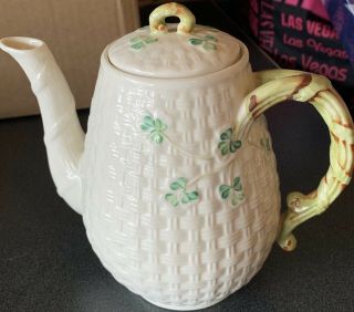 Irish Vintage Belleek Classic Shamrock Basket Weave Coffee Pot -