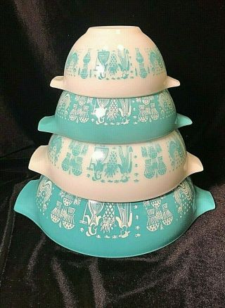 Vtg Set 4 Pyrex Turquoise Cinderella Butterprint 441 442 443 444 Mixing Bowls