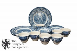 23 Pc Liberty Blue Historic Colonial Scenes Staffordshire Ironware Blue White