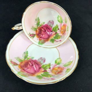 Rare 1940s Fancy Paragon England Large Pink White Cabbage Rose Cup Saucer A667/4