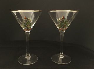 2 Spode Christmas Tree 9oz Martini Glasses W/ Gold Rims Hard To Find So