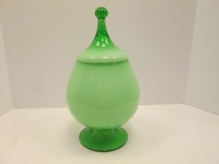 Empoli Cased Glass Jadeite Green Glass Covered Candy Dish Ball Lid Mid Century