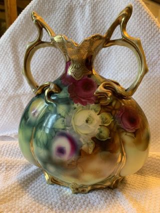 Antique Nippon With Roses Double Handled Vase With Gold Accents