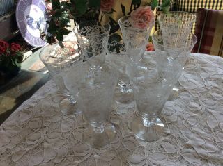 Set Of 8 Fostoria Etched Stem Glass Romance Ice Tea /water Goblets 6”