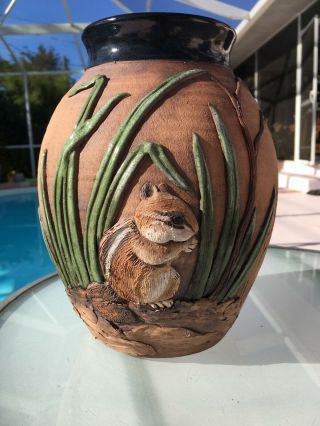Signed Studio Made Old Patagonia Pottery Chipmunk Vase 8 - 1/2 " Tall