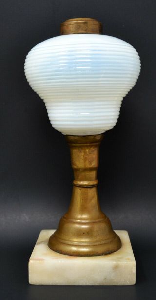19th C.  Ribbed Opalescent Oil Lamp On Marble Base