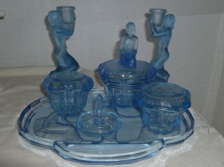 Art Decp Czech Blue Glass Egyptian Lady 7 Piece Dressing Table Vanity Set