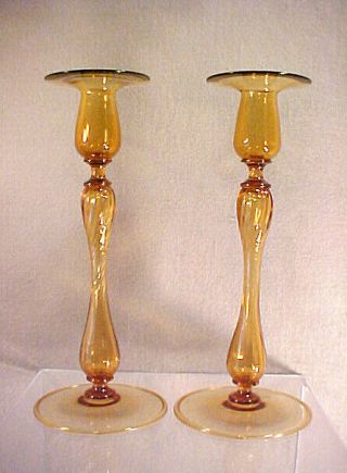 H P Sinclaire 12 " Spiral Optic Art Glass Candlesticks