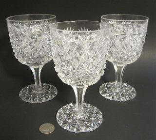 3 Antique American Brilliant Abp Cut Glass Russian Pattern 6.  25 " Water Goblets