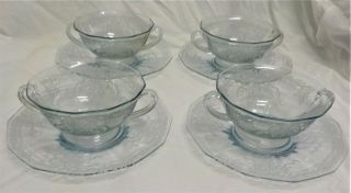 4 Fostoria Glass June Blue Cream Soups & Underplates