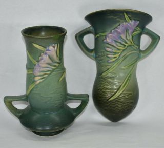 Vintage Roseville Pottery Freesia Green Vase 119 - 7 And Wall Pocket 1296 - 8