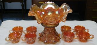 Marigold Carnival Glass Punch Bowl With 8 Cups