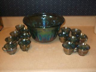 Vintage Carnival Depression Punch Bowl With 16 Cups