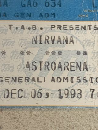 Nirvana Dec 06,  1993 Concert Ticket Stub Last Houston Show At Astroarena