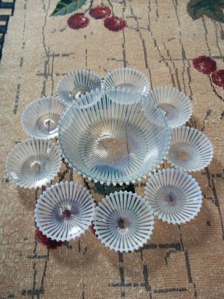 Vintage Beatty Glass Ribbed Large Berry Bowl And 9 Small Bowls Clear Opalescent