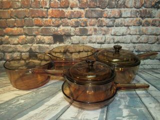 Set Of 7 Corning Ware Pyrex Visions Amber Cookware Saucepans Lids Skillet