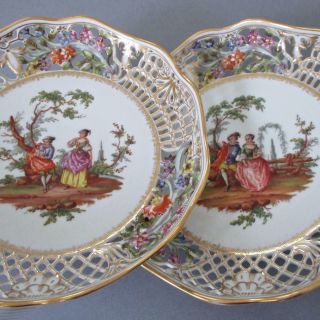 2 Antique Dresden Hp Reticulated Porcelain 10 " Bowls Figures Lovers,  Flowers