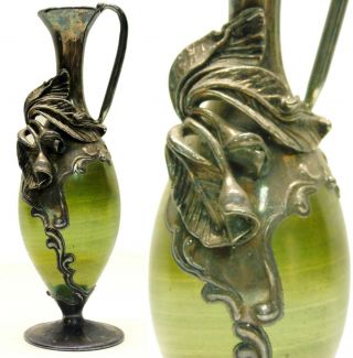 Antique/vintage Art Nouveau Silver Overlay Venetian Italian Glass Pitcher Vase
