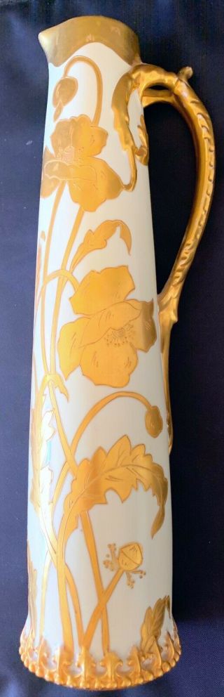 Stunning Rare Elite Limoges Hand Painted Gold Floral Tankard Handle Tall 16.  5