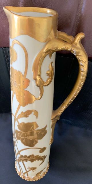 STUNNING RARE ELITE LIMOGES HAND PAINTED GOLD FLORAL TANKARD HANDLE TALL 16.  5 4