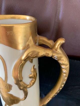 STUNNING RARE ELITE LIMOGES HAND PAINTED GOLD FLORAL TANKARD HANDLE TALL 16.  5 6