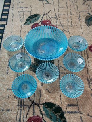 Vintage Beatty Glass Ribbed Large Berry Bowl And 7 Small Light Blue