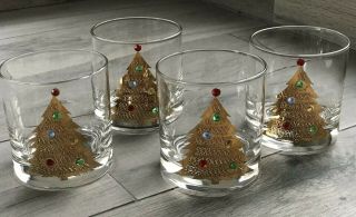 Rare 4 Vtg Culver 22k Gold Gild Christmas Tree Bejeweled Old Fashioned Glasses