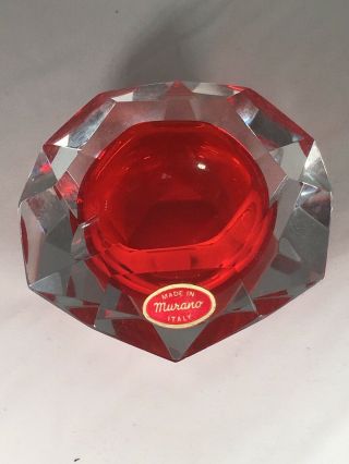 Vintage Mid Century Murano Art Glass Red Ash Tray Red Sticker Italy