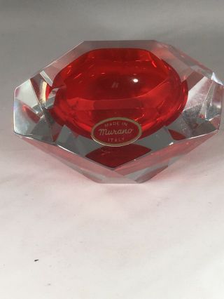 Vintage Mid Century Murano Art Glass Red Ash Tray Red Sticker Italy 2