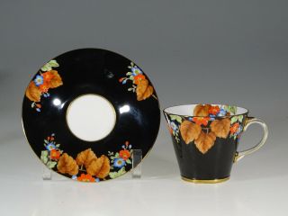 Aynsley Art Deco Black With Autumn Leaves Tea Cup And Saucer,  England C.  1920