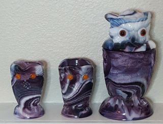 Vintage Imperial Glass Ig Purple Slag Owl Covered Cookie,  Creamer,  Sugar,  Set