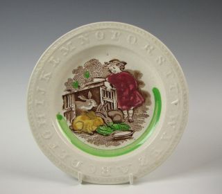 Antique English Pottery Raised Border Childs Abc Plate With Girl & Rabbits 19th