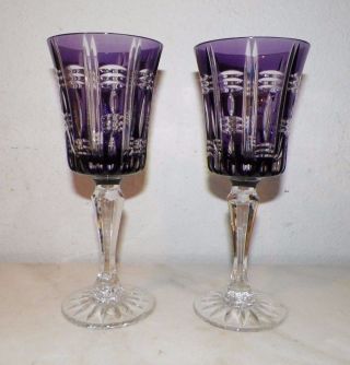 Ajka Purple Cut To Clear Crystal Wine Glasses Pair (2) 7 3/4 "