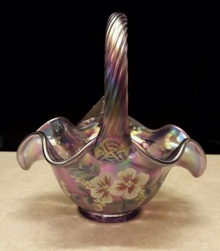 Fenton Purple Glass Basket Hand Painted Flowers On Violet Satin 2777 Xp