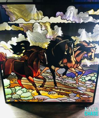 Large Stained Glass " Three Horses " Art Panel Hand Painted Joan Baker Designs Htf